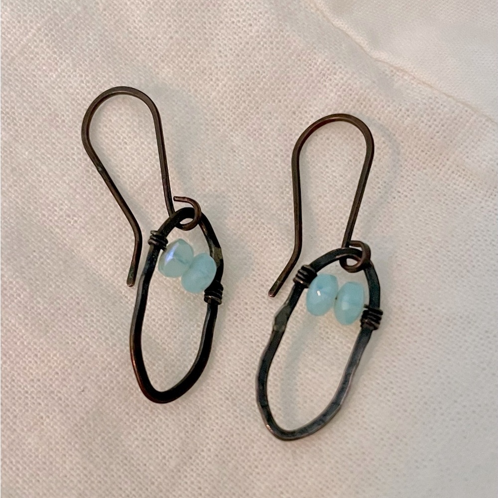 Copper drop earrings with blue stone